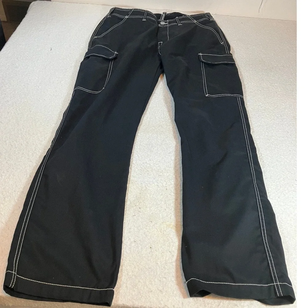 True Religion Mens Cargo Pants Black White Contrast Stitch Straight Leg Size 34
